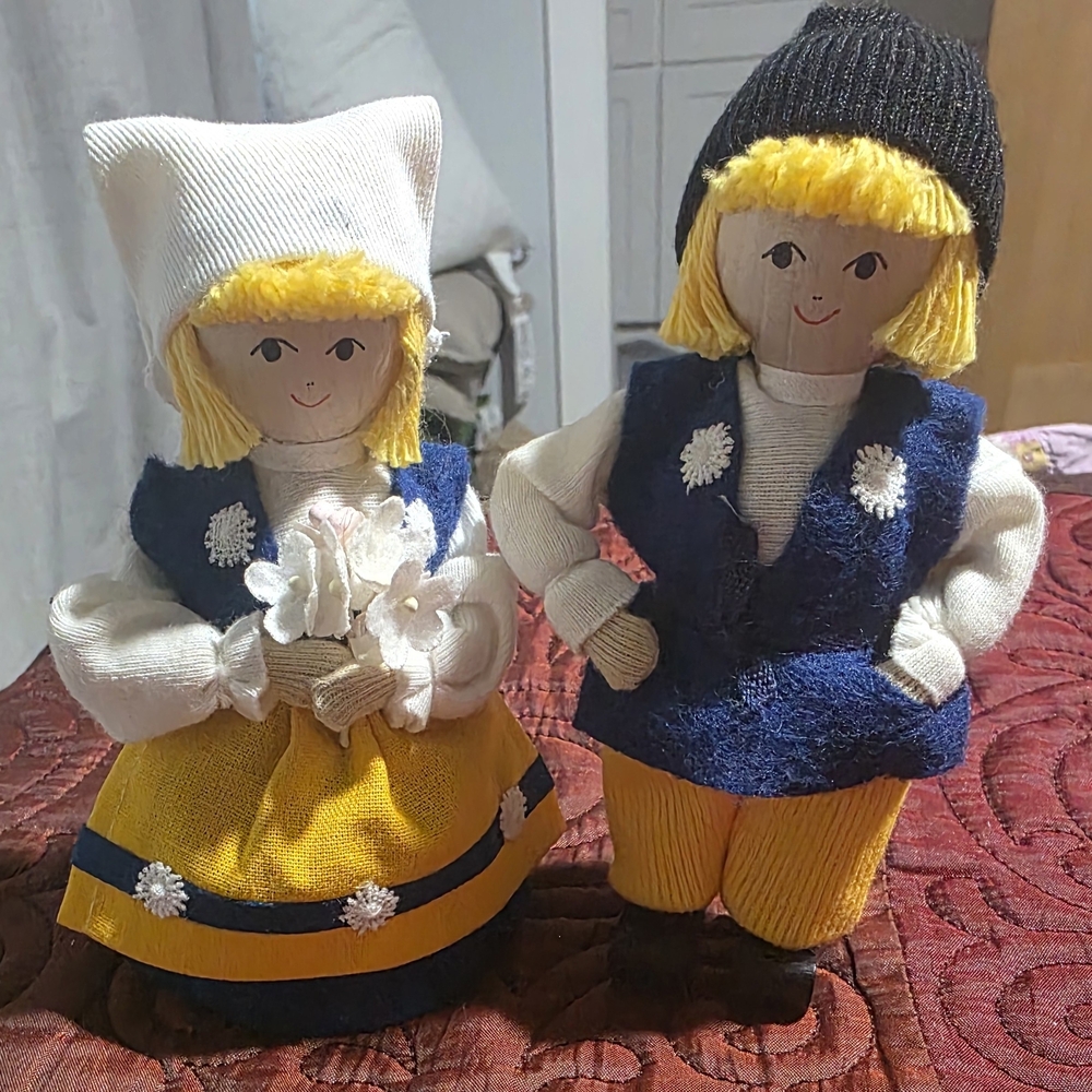 Sweden Butticki Wooden Doll Figures Summer Boy & Girl Handmade Folk Art